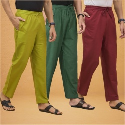 Combo of 3 Men Solid Cotton Flex Pant Bottle Green Maroon and Olive Green-15558