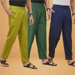 Combo of 3 Men Solid Cotton Flex Pant Bottle Green Navy Blue and Olive Green-15554