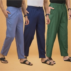 Combo of 3 Men Solid Cotton Flex Pant Bottle Green Navy Blue and Sky Blue-15590