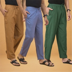Combo of 3 Men Solid Cotton Flex Pant Bottle Green Sky Blue and Brown-15570