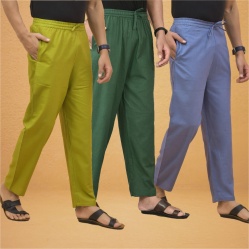 Combo of 3 Men Solid Cotton Flex Pant Bottle Green Sky Blue and Olive Green-15549