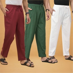 Combo of 3 Men Solid Cotton Flex Pant Bottle Green White and Maroon-15616