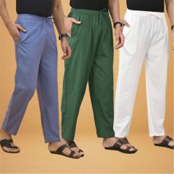 Combo of 3 Men Solid Cotton Flex Pant Bottle Green White and Sky Blue-15600