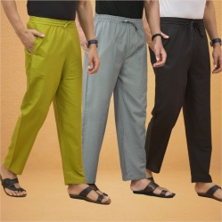 Combo of 3 Men Solid Cotton Flex Pant Gray Black and Olive Green-15559