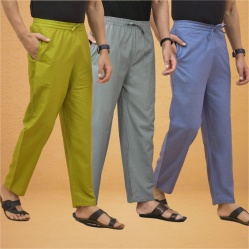 Combo of 3 Men Solid Cotton Flex Pant Gray Sky Blue and Olive Green-15547