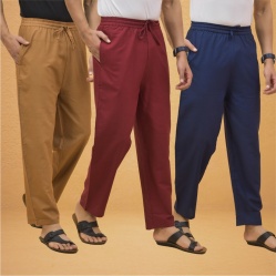Combo of 3 Men Solid Cotton Flex Pant Maroon Navy Blue and Brown-15571