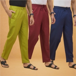 Combo of 3 Men Solid Cotton Flex Pant Maroon Navy Blue and Olive Green-15550