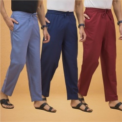 Combo of 3 Men Solid Cotton Flex Pant Maroon Navy Blue and Sky Blue-15586