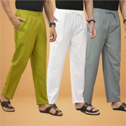 Combo of 3 Men Solid Cotton Flex Pant White Gray and Olive Green-15562