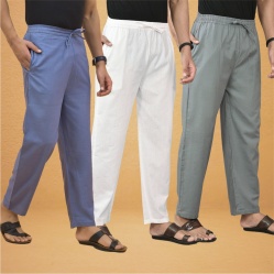 Combo of 3 Men Solid Cotton Flex Pant White Gray and Sky Blue-15598
