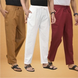 Combo of 3 Men Solid Cotton Flex Pant White Maroon and Brown-15578
