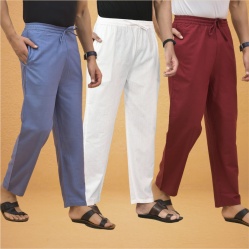 Combo of 3 Men Solid Cotton Flex Pant White Maroon and Sky Blue-15593