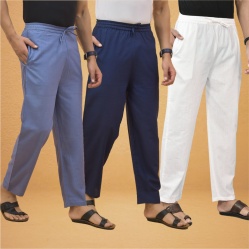 Combo of 3 Men Solid Cotton Flex Pant White Navy Blue and Sky Blue-15589