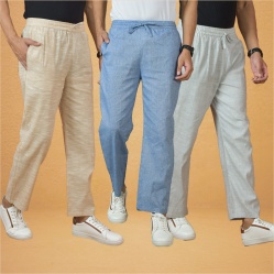 Combo of 3 Men Solid Cotton Handloom Pant Denim White and Beige-15626