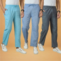 Combo of 3 Men Solid Cotton Handloom Pant Gray Denim and Sky Blue-15640