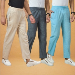 Combo of 3 Men Solid Cotton Handloom Pant Gray Sky Blue and Cream-15635