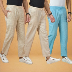 Combo of 3 Men Solid Cotton Handloom Pant Sky Blue Cream and Beige-15622