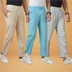 Combo of 3 Men Solid Cotton Handloom Pant Sky Blue White and Beige-15625
