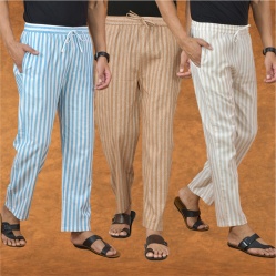 Combo of 3 Men Stripe Cotton Handloom Pant Beige Beige and Sky Blue-15150