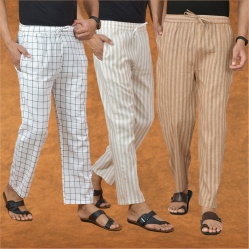 Combo of 3 Men Stripe Cotton Handloom Pant Beige Beige and White-15272
