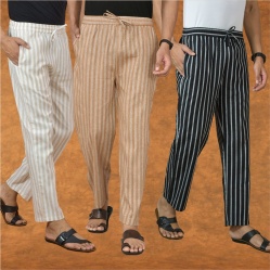 Combo of 3 Men Stripe Cotton Handloom Pant Beige Black and Beige-15341