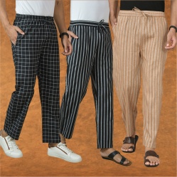 Combo of 3 Men Stripe Cotton Handloom Pant Beige Black and Black-15405