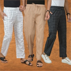 Combo of 3 Men Stripe Cotton Handloom Pant Beige Black and White-15289