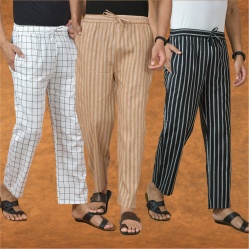 Combo of 3 Men Stripe Cotton Handloom Pant Beige Black and White-15296