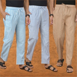 Combo of 3 Men Stripe Cotton Handloom Pant Beige Blue and Sky Blue-15129