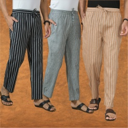 Combo of 3 Men Stripe Cotton Handloom Pant Beige Gray and Black-15432