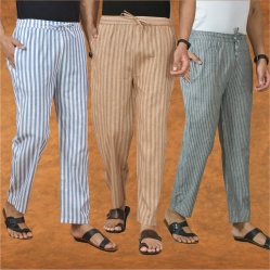 Combo of 3 Men Stripe Cotton Handloom Pant Beige Gray and Blue-15247