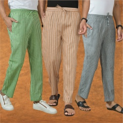 Combo of 3 Men Stripe Cotton Handloom Pant Beige Gray and Olive Green-15383
