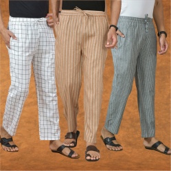 Combo of 3 Men Stripe Cotton Handloom Pant Beige Gray and White-15302