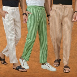 Combo of 3 Men Stripe Cotton Handloom Pant Beige Olive Green and Beige-15326