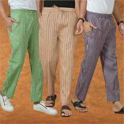 Combo of 3 Men Stripe Cotton Handloom Pant Beige Purple and Olive Green-15388