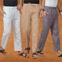 Combo of 3 Men Stripe Cotton Handloom Pant Beige Purple and White-15307