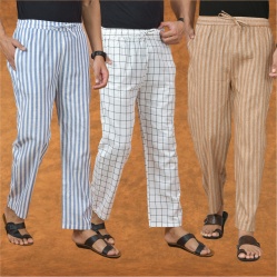 Combo of 3 Men Stripe Cotton Handloom Pant Beige White and Blue-15206