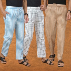 Combo of 3 Men Stripe Cotton Handloom Pant Beige White and Sky Blue-15140