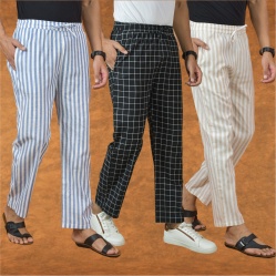 Combo of 3 Men Stripe Cotton Handloom Pant Black Beige and Blue-15213