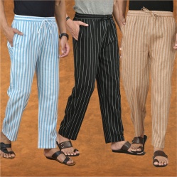Combo of 3 Men Stripe Cotton Handloom Pant Black Beige and Sky Blue-15191