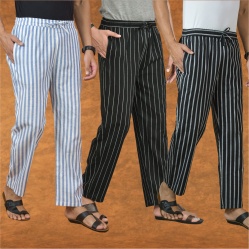 Combo of 3 Men Stripe Cotton Handloom Pant Black Black and Blue-15243