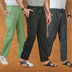 Combo of 3 Men Stripe Cotton Handloom Pant Black Black and Olive Green-15379