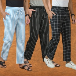 Combo of 3 Men Stripe Cotton Handloom Pant Black Black and Sky Blue-15169
