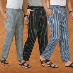 Combo of 3 Men Stripe Cotton Handloom Pant Black Blue and Gray-15461