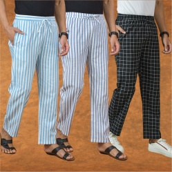 Combo of 3 Men Stripe Cotton Handloom Pant Black Blue and Sky Blue-15125