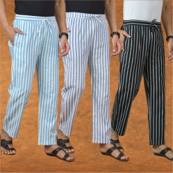 Combo of 3 Men Stripe Cotton Handloom Pant Black Blue and Sky Blue-15126