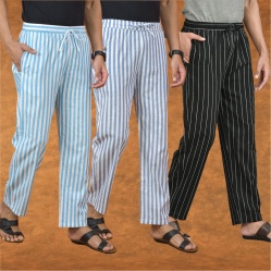 Combo of 3 Men Stripe Cotton Handloom Pant Black Blue and Sky Blue-15131