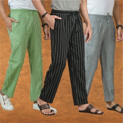 Combo of 3 Men Stripe Cotton Handloom Pant Black Gray and Olive Green-15385