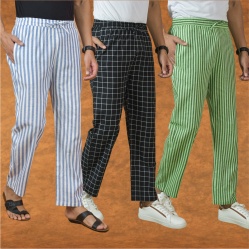 Combo of 3 Men Stripe Cotton Handloom Pant Black Olive Green and Blue-15222