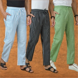 Combo of 3 Men Stripe Cotton Handloom Pant Black Olive Green and Sky Blue-15156